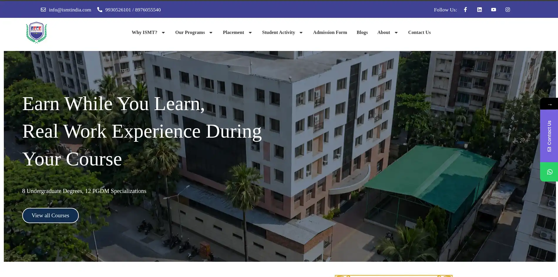 ISMT Business School website SEO case study screenshot
