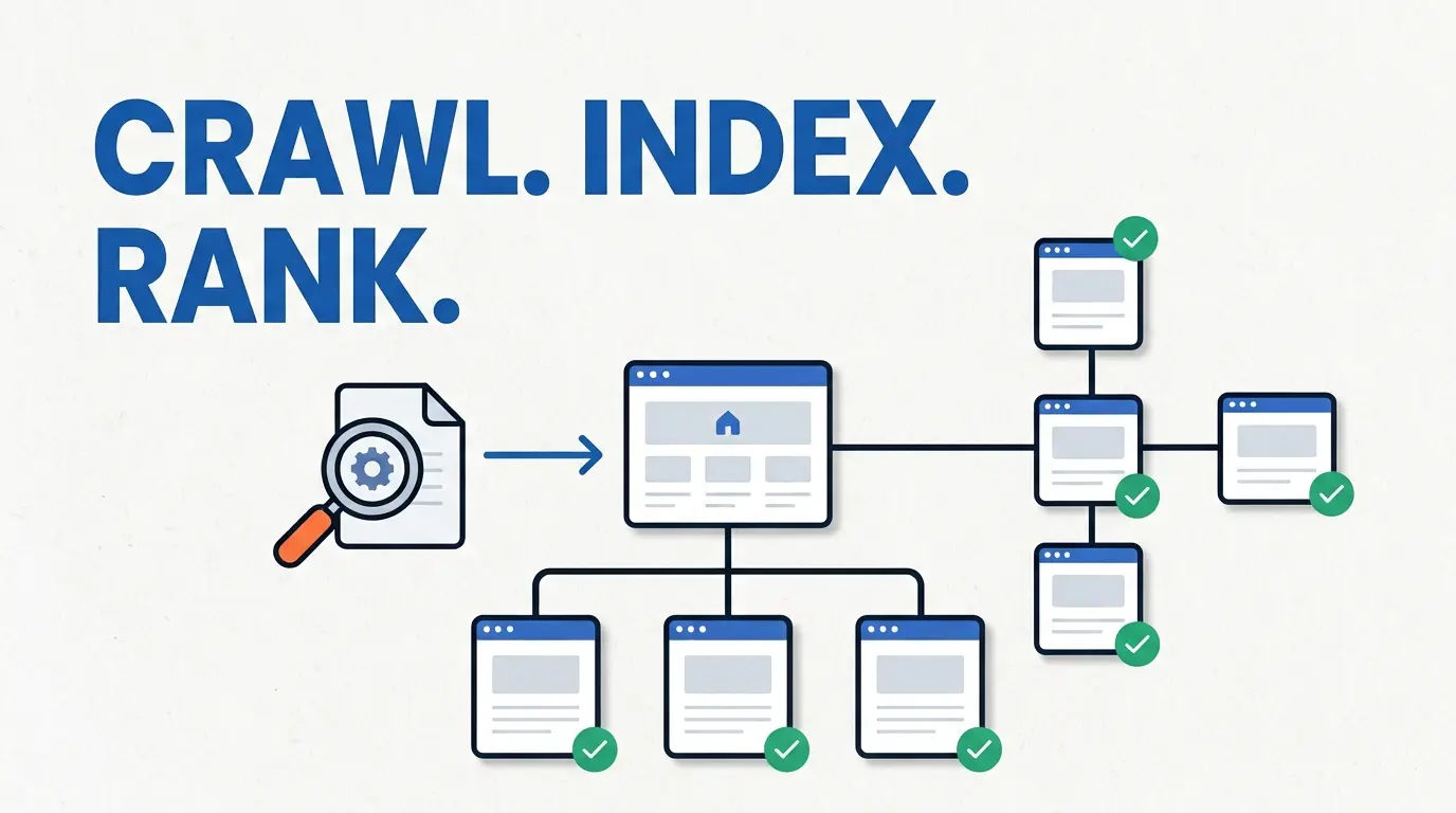 Technical SEO illustration showing Crawl, Index, Rank with magnifying glass, site architecture diagram, and green checkmarks.