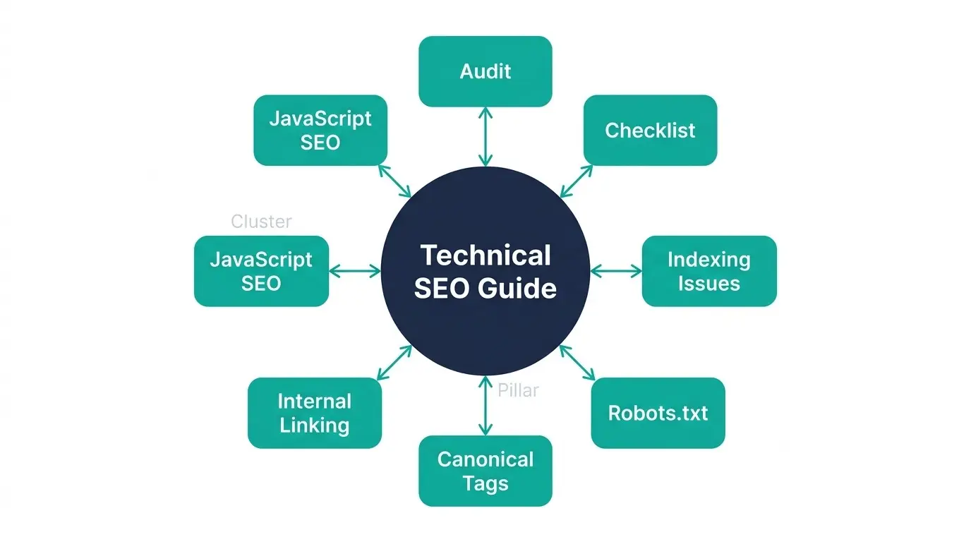 Technical SEO topic cluster hub-and-spoke diagram featuring pillar guide connected to topics like Robots.txt, Canonical Tags, and Audits.
