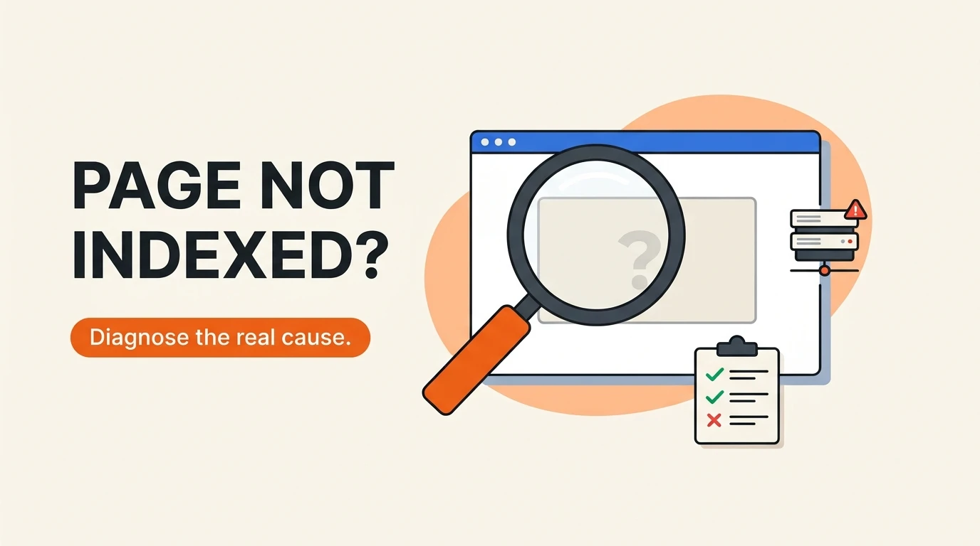 Editorial illustration for diagnosing a page not indexed by Google, featuring a magnifying glass inspecting an empty browser window and a diagnostic checklist.